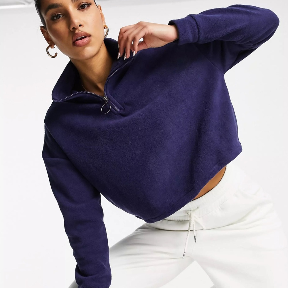 BRAVE SOUL Mary Crop Fleece Pullover Sweater Quarter Zip Navy Blue Purple Large